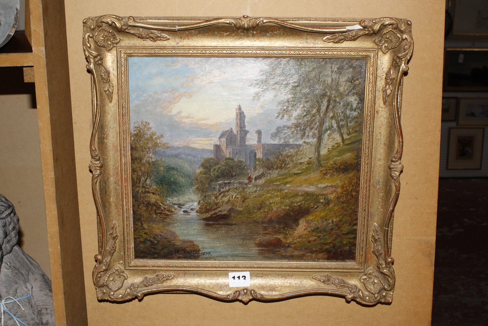 William Currie (fl.1846-1868) River landscape with romantic ruin Oil on canvas Signed lower left