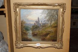 William Currie (fl.1846-1868) River landscape with romantic ruin Oil on canvas Signed lower left