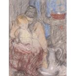 Beatrice How (1867-1932) Antoinette et sa bebe Pastels on grey coloured paper Initialled in pencil