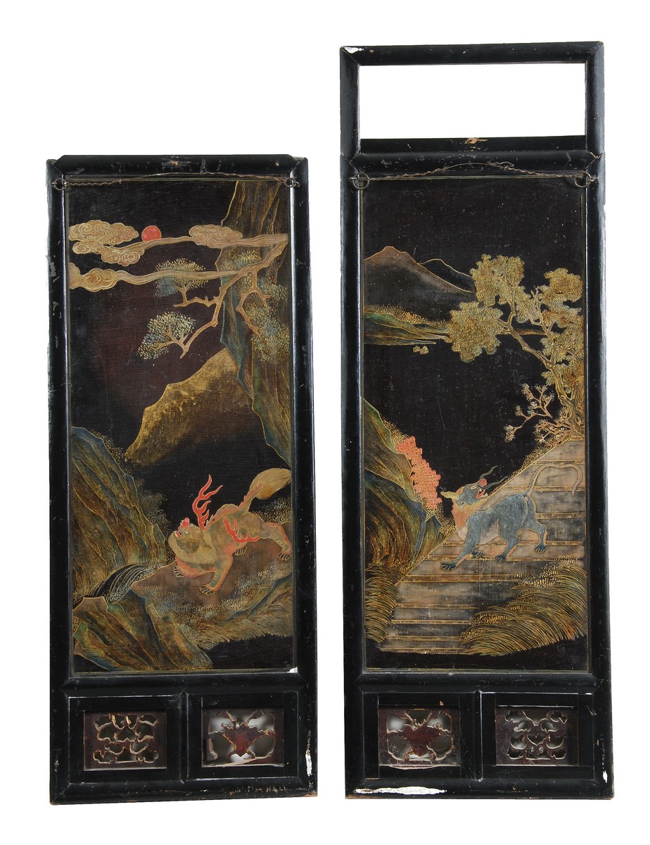 A pair of Chinese scarlet lacquered panels decorated with mythical figures amid mountainous - Image 2 of 2