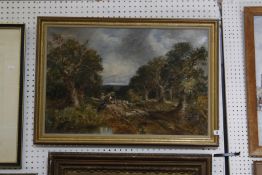 British School (Late 19th Century) Figures on woodland path Oil on canvas Signed indistinctly