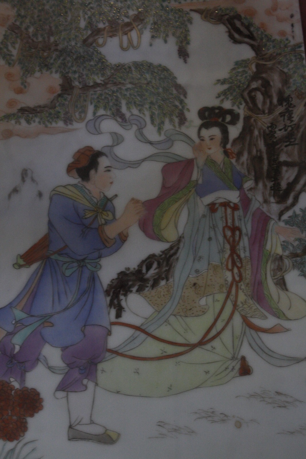 A pair of 20th Century Chinese painted porcelain plaques, depicting male and female figures - Image 2 of 2