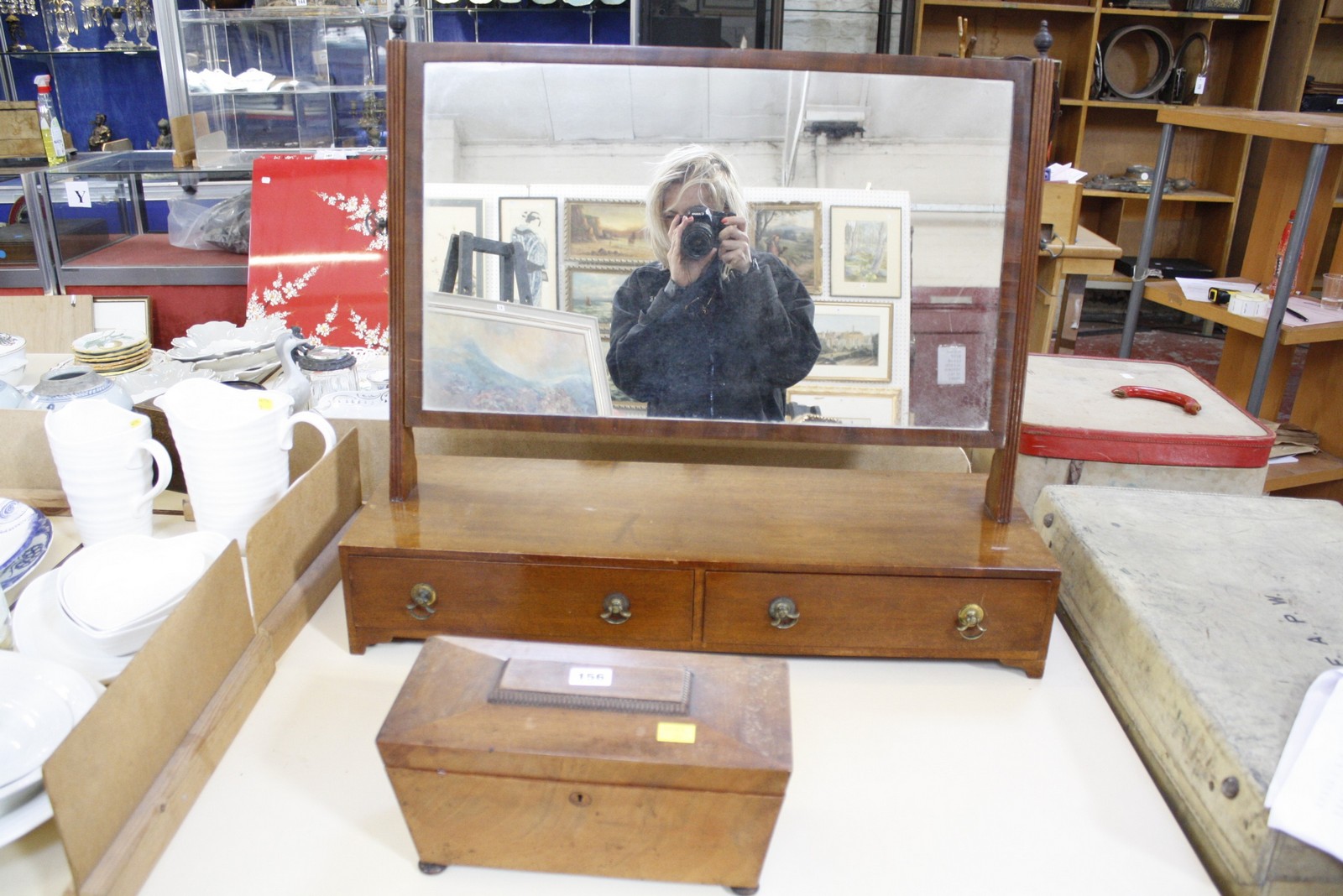 A 19th Century mahogany toilet mirror, the base with two drawers and a tea caddy -2