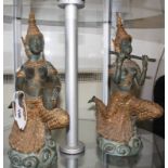 A pair of verdi gris and gold finished bronze figurines of female Thai dancing musicians, 41cm