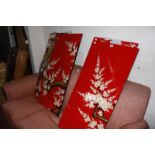 Four Japanese red lacquered panels with cherry blossom decoration each 100cm high x 49cm wide
