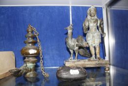 A Sri Lanka bronze figure, on stand, a South East Asian oil lamp and an erotic lacquered carving -3