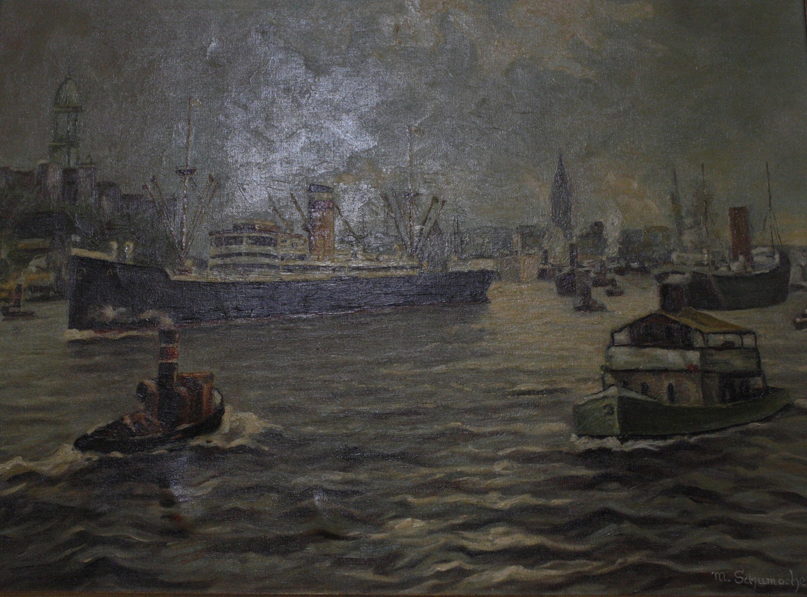 M.. Schumacher (20th Century) Port scene in Hamburg Oil on canvas Signed lower right 59cm x 79cm