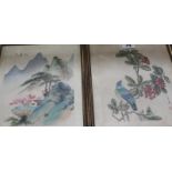 Five Oriental watercolours on silk, of birds, landscapes, floral, 20cm x 15cm -5