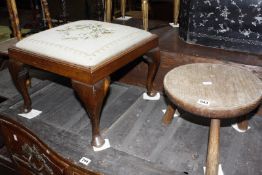 A 19th century oak three legged stool and a foot stool with cabriole feet. Best Bid