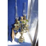 A Verdis Gris five branch candelabra, 43cm high and two coloured glass oil lamps -3