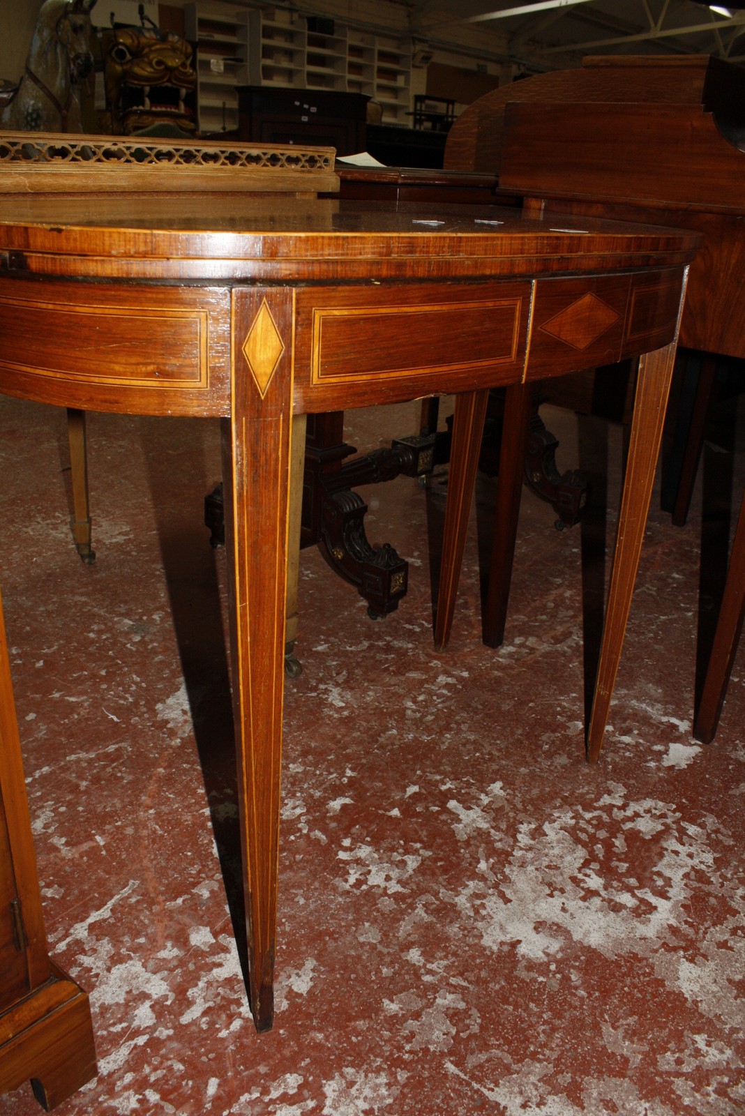 A George III mahogany and satinwood crossbanded card table, with D-shaped top and inlaid frieze on - Image 2 of 2