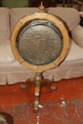 A Victorian oak gong, with chamfered frame on tripod base (a/f)