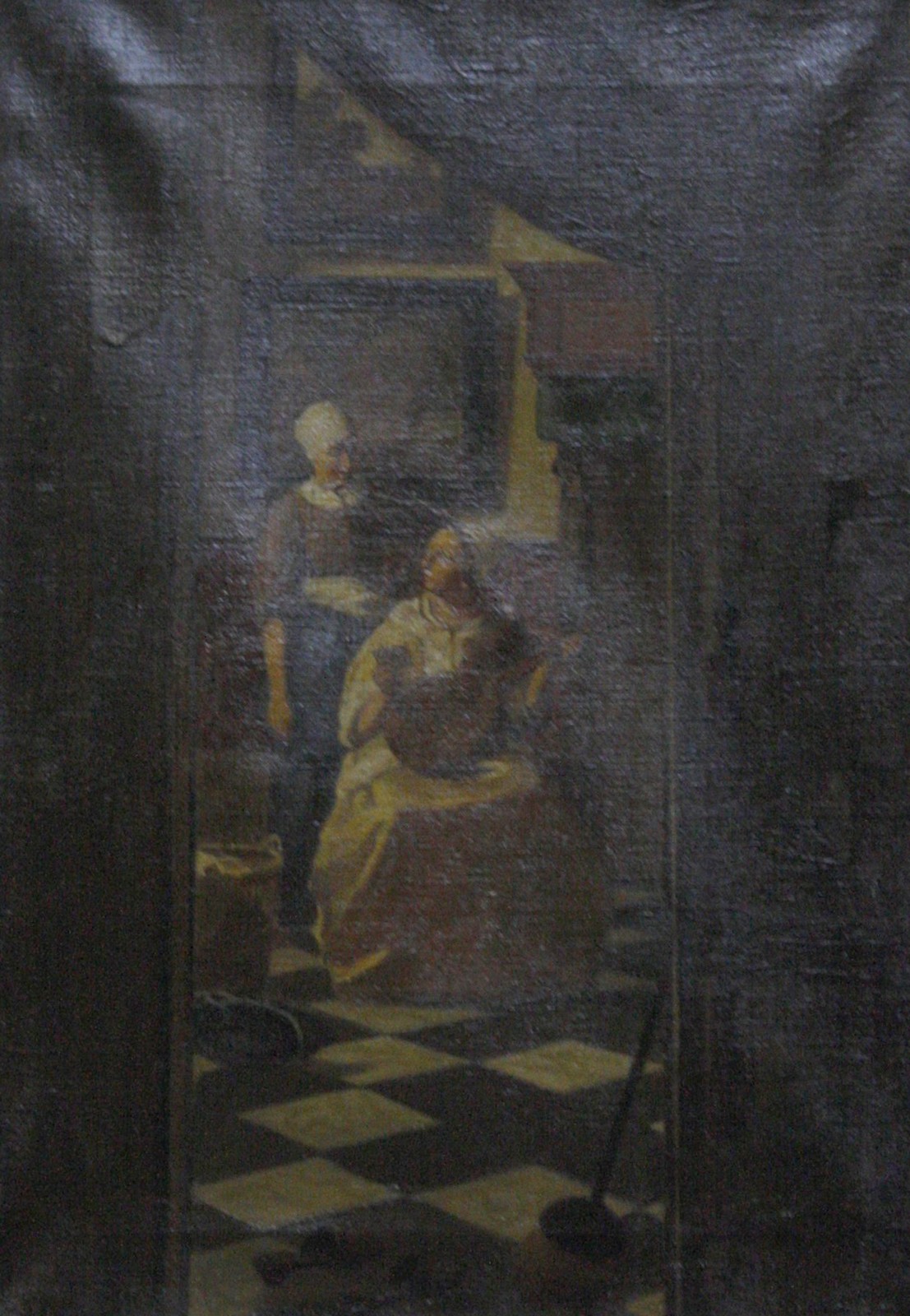 After Vermeer Interior scene of a girl and her maid Oil on canvas Unsigned 52cm x 36cm