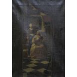 After Vermeer Interior scene of a girl and her maid Oil on canvas Unsigned 52cm x 36cm