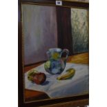 Janet Hygen (20th Century) A still life of a jug, banana and two apples Oil on canvas Signed lower