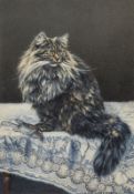 Charles A. Brindley (fl.1880-1916) Study of a Persian cat, on lace tablecloth with rodent prey