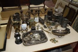 A quantity of silver plate items, to include a pair of two branch candelabra, a teapot, hot water