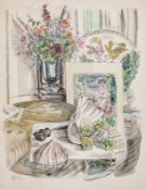 Peter Samuelson (1912-1996) Without Music; An interior with still life of flowers, and with a dog
