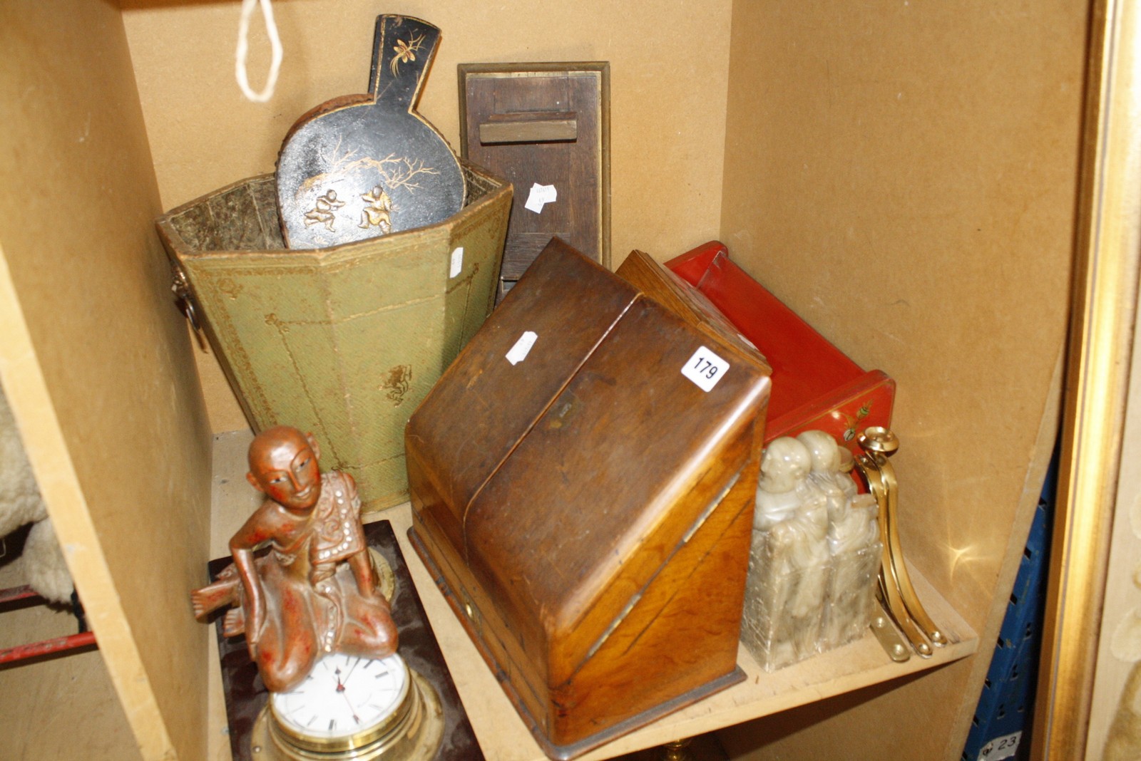 A quantity of collectable items to include a modern Oriental red lacquered book stand, bellows, a