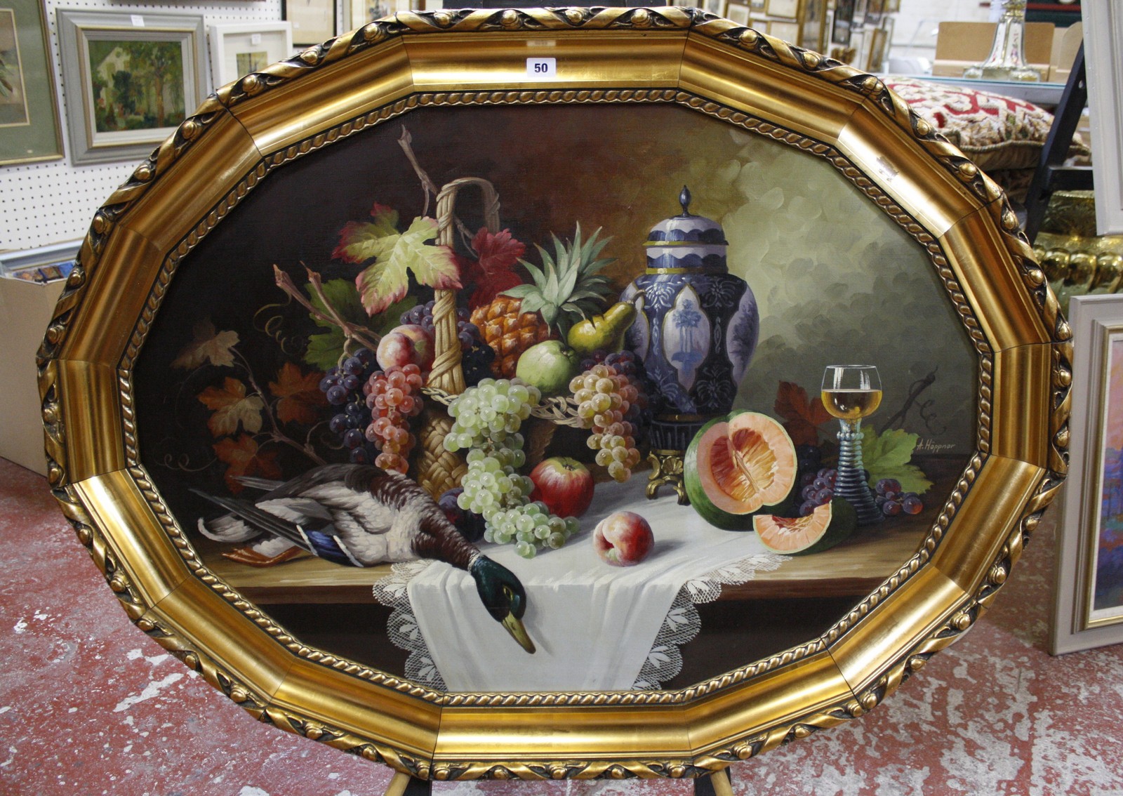 A large Dutch School style still life of fruit and game, oil and canvas, oval, signed A.. Hoppner,