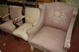 A 19th century wing armchair, pink upholstery with white painted supports.