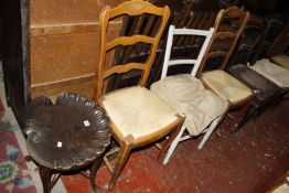 A shell seated chair, set of six kitchen ladder back chairs, a set of four balloon back chairs, a