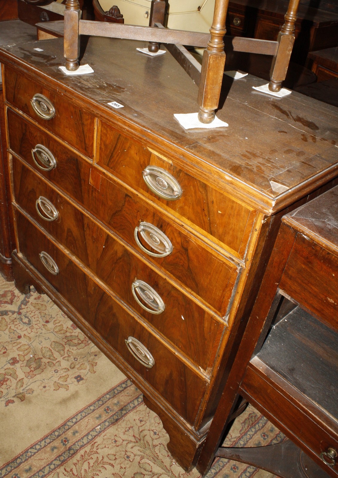 3124 A 19th century walnut chest of drawers, two over three drawers on bracket feet 92cm high,