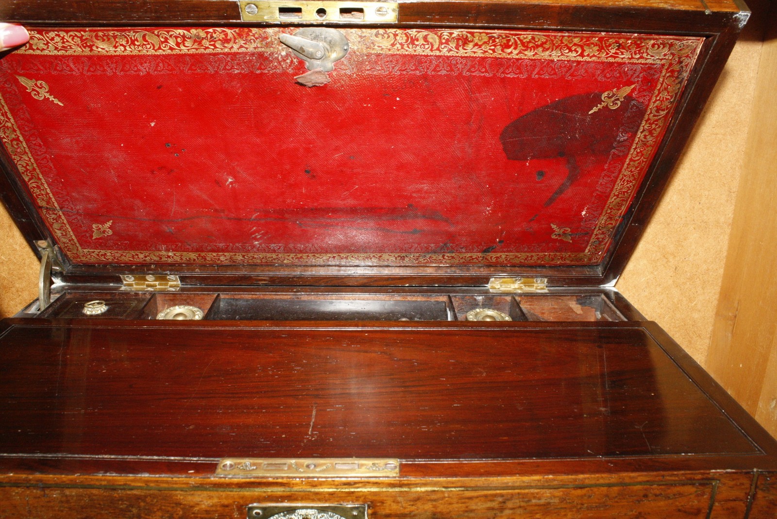 A 19th century brass banded mahogany writing slope, 50cm wide, together with two letter stands -3 - Image 2 of 2