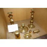 A pair of brass candlesticks, an ashtray, model pig and other items Best Bid