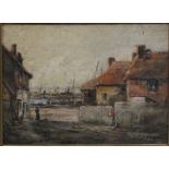 Attributed to Harold Goldthwaite Harbour town street scene Oil on board Signed indistinctly lower