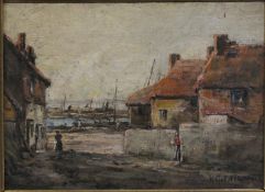 Attributed to Harold Goldthwaite Harbour town street scene Oil on board Signed indistinctly lower