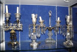 A pair of glass candlesticks, with lustres, 32cm high (af), a twin branch candlestick, glass and