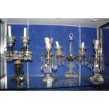 A pair of glass candlesticks, with lustres, 32cm high (af), a twin branch candlestick, glass and