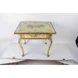 A Regency lowboy with green painted finish and romantic pastoral scene 82cm wide