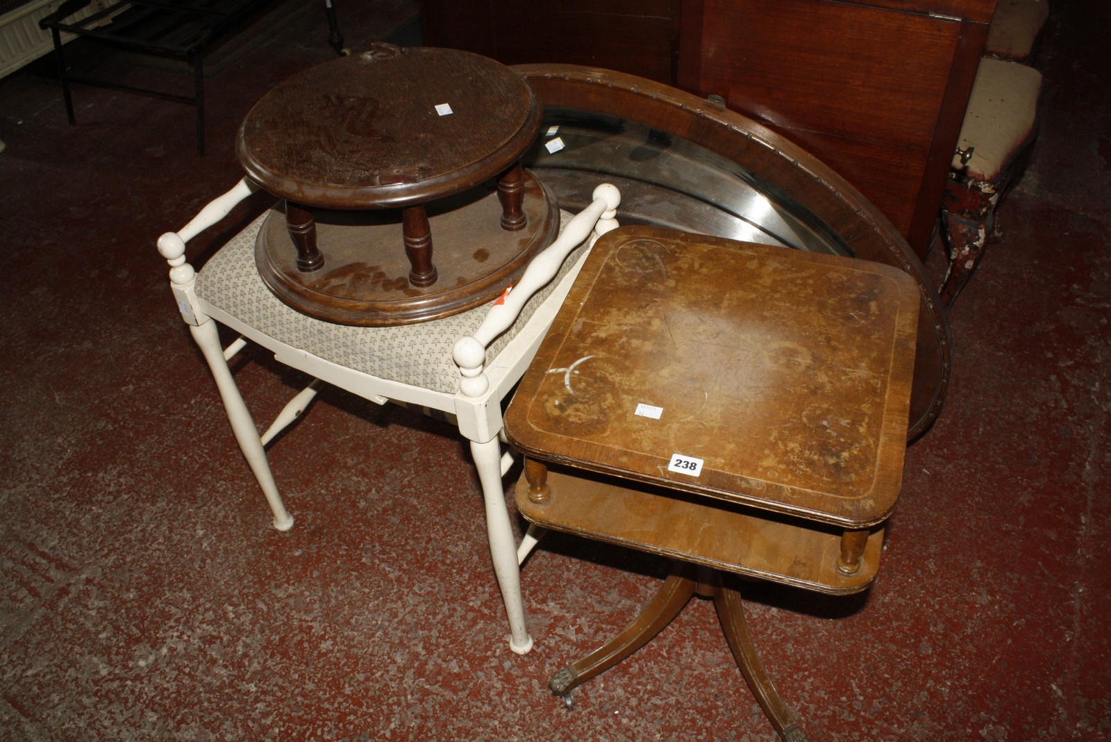 A mixed lot to include a mahogany lazy susan, a mahogany occasional table, hanging shelves,