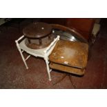 A mixed lot to include a mahogany lazy susan, a mahogany occasional table, hanging shelves,