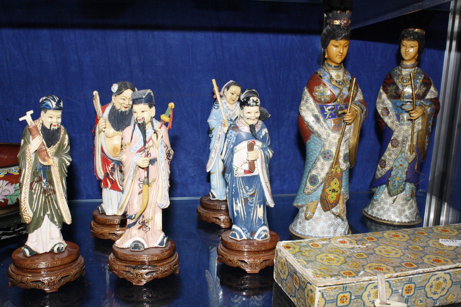 A cased set of ten soapstone immortals, two cloisonné model concubines, five Chinese painted - Image 2 of 2