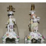 A pair of Dresden table lamps, flower and fruit seller, 24cm high approx.