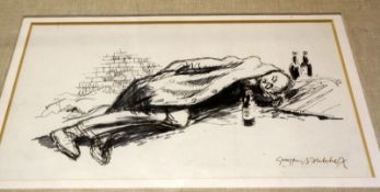 Geoffrey Scowcroft Fletcher (1923 - 2004) Homeless man with bottles Pen and ink drawing Signed lower