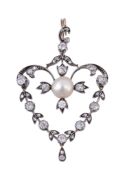 A pearl and diamond brooch/pendant, the half pearl within an openwork...  A pearl and diamond