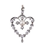 A pearl and diamond brooch/pendant, the half pearl within an openwork...  A pearl and diamond