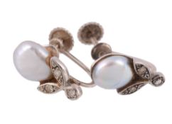 A pair of pearl and diamond earrings, the pearl with an eight cut diamond...  A pair of pearl and
