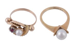A cultured pearl ring, the 7mm cultured pearl on a polished shank, 18  A cultured pearl ring,