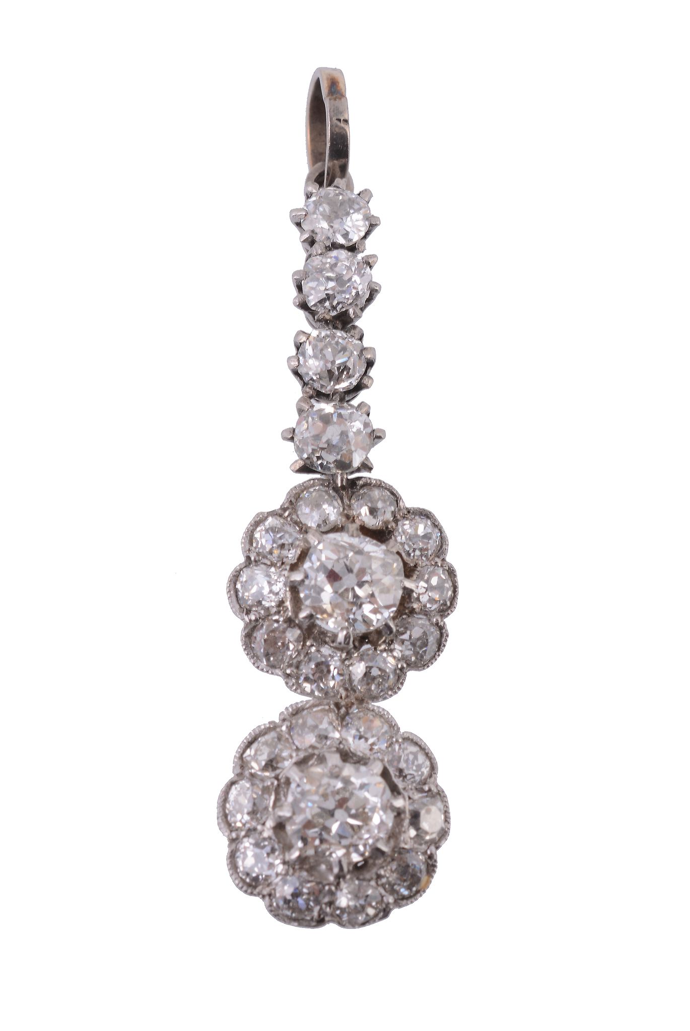 A diamond double cluster drop pendant, the clusters each set with a central...  A diamond double