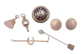 A collection of jewellery, including; a circular tortoiseshell pique brooch  A collection of