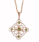 A peridot set pendant on chain, the pierced quatrefoil pendant set with five...  A peridot set