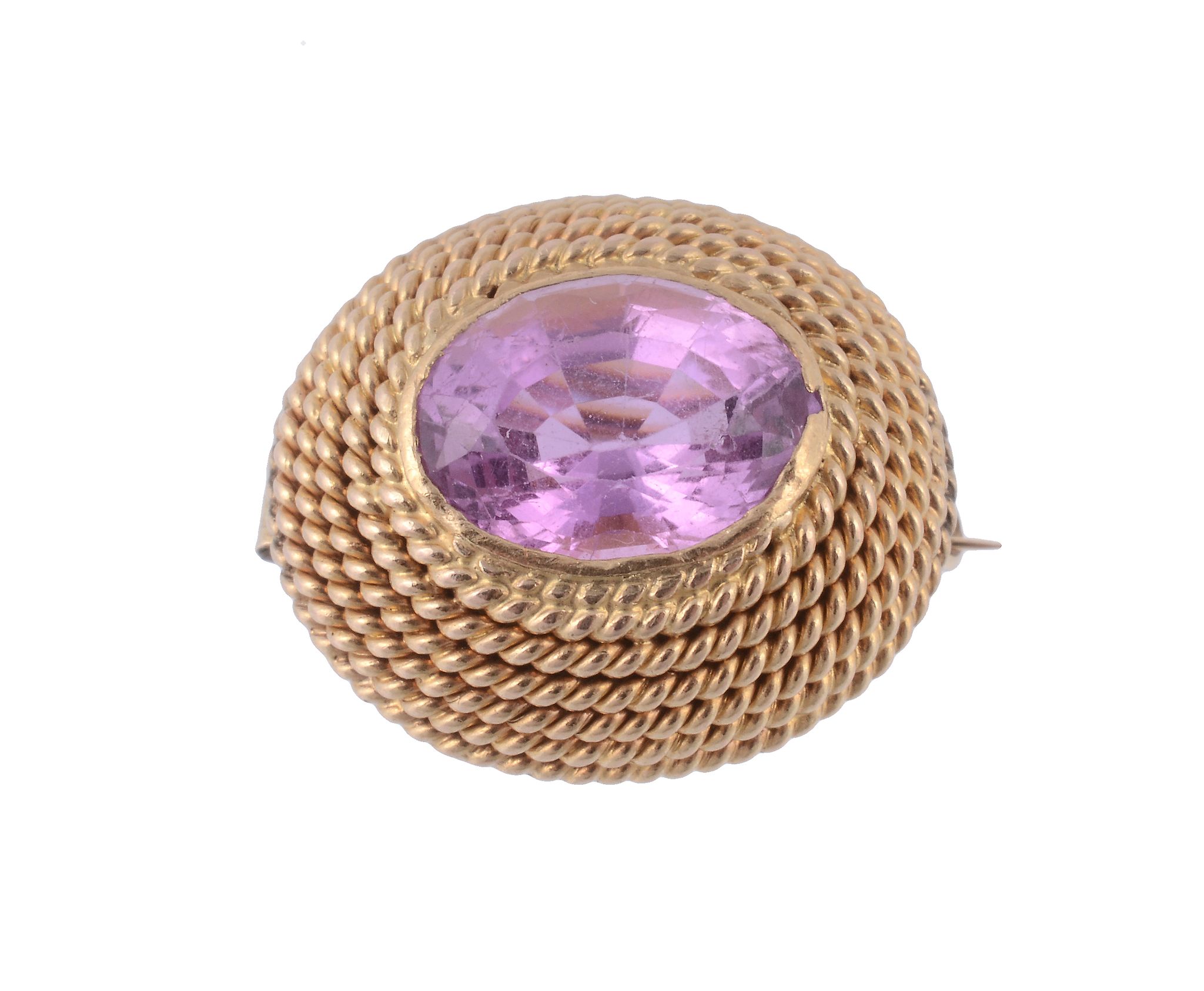 A pink topaz brooch, the oval shaped pink topaz collet set within a...  A pink topaz brooch,   the