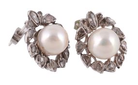 A pair of cultured pearl and diamond ear studs  A pair of cultured pearl and diamond ear studs,