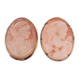 A shell cameo brooch, the oval shell cameo carved with a lady's profile  A shell cameo brooch,   the