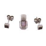 A pair of amethyst ear studs, set with a square shaped amethyst in a collet...  A pair of amethyst